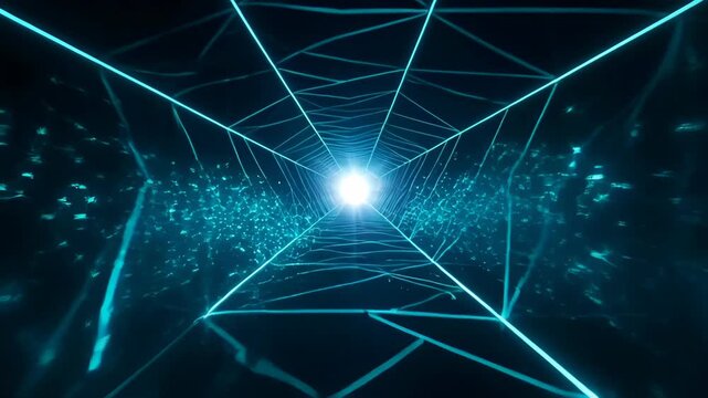 Digital abstract background with glowing cyan geometric tunnel, perspective lines, futuristic technology glow, dark blue motion, web line scene