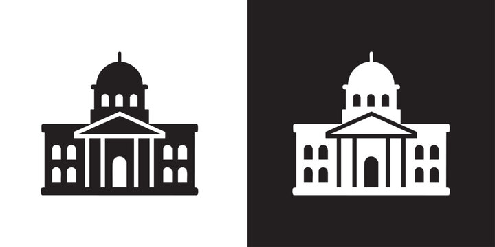 Minimalist Black Silhouette of Government Building with Dome and Columns - Modern Capitol Architecture Symbol, Historical Courthouse Landmark Graphic, and City Hall Public Institution Vector
