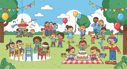 Obraz premium A vibrant outdoor birthday party with children playing and celebrating