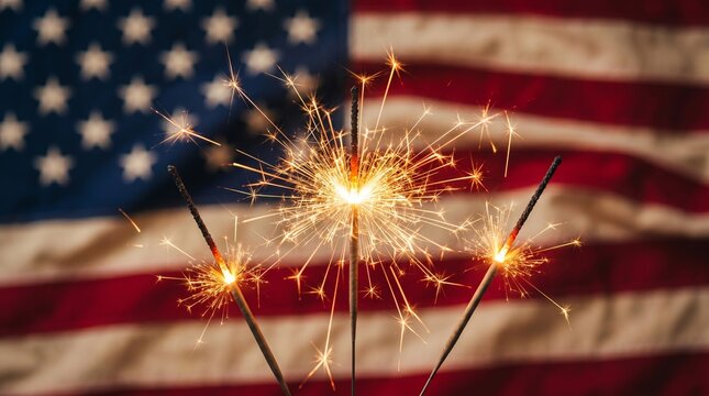 Three sparkling sparklers burning brightly in front of a blurred American flag, symbolizing celebration and patriotism.