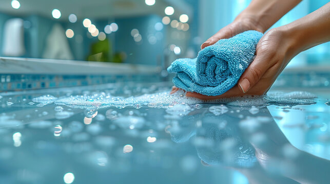 Hands drying a towel with soapy water in a spa.