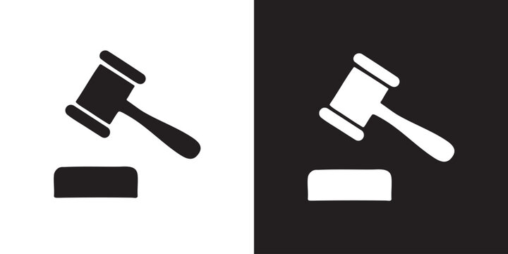 Minimalist Black Silhouette of Judge&rsquo;s Gavel Striking Sound Block - Modern Law Enforcement Judicial Symbol, Courtroom Auctioneer Hammer Graphic, and Legal Verdict Justice Vector