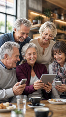 Obraz premium Group of happy senior friends using a digital tablet in a cafe. Cheerful mature people looking at screen together. Active retirement and modern technology concept