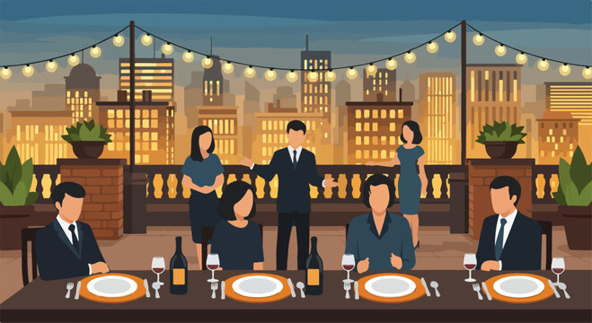 A group of people are dining on a rooftop