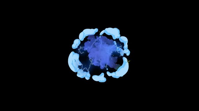 Smoke explosion energy shockwave effect and divergent wave isolated on black screen background, cartoon style magic smoke explosion, 2D FX smoke elements motion graphics hand-drawn animation. 4k video