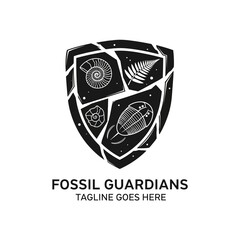 Professional black and white shield logo featuring a mosaic of ancient fossils like trilobites and shells, ideal for paleontology and museums. © Pixel