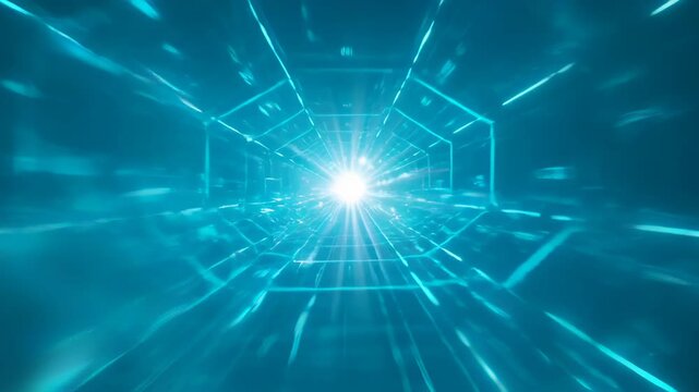 Digital abstract background with glowing blue light tunnel, radiant center, futuristic cyan corridor, linear perspective, motion blur, energy beam glow
