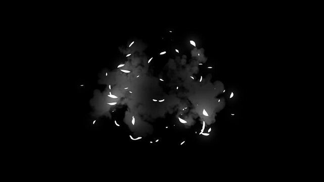 White smoke explosion effect for intro video on black screen background, smoke flash fx animation motion graphics, cartoon style smoke explosion, smoke flash blast boom explode shiny explosion. 4k