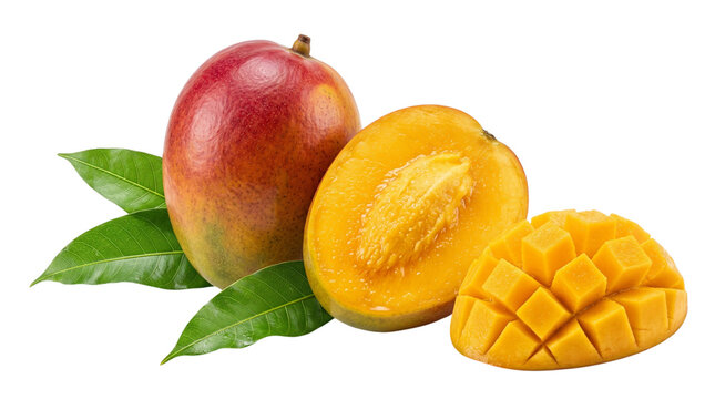 Fresh ripe mangoes with green leaves isolated on transparent background