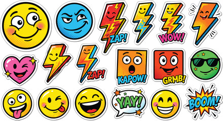 Retro Comic Sticker Pack Vector Illustration With Smiley Faces, Lightning Bolts, Funny Emojis, And Colorful Pop Art Elements. © Sagor