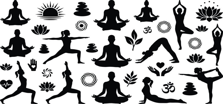 Black yoga silhouettes bundle with lotus flowers and zen stones for spiritual meditation wellness vector