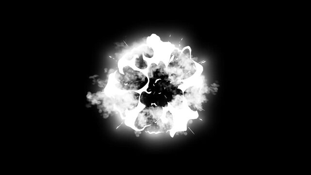 Explosive smoke blast effect, computer generated vortex like explosion with glowing sparks and white smoke, explosive smoke flash fx animation motion graphics with black screen background. 4k