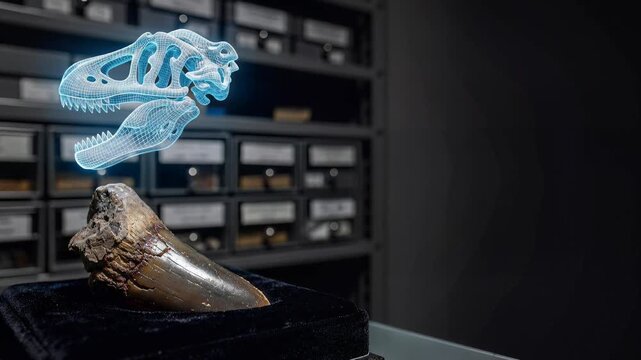 Blue holographic skeletal reconstruction model floating above a fossilized dinosaur tooth