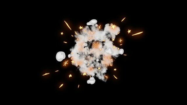 Explosive smoke circle blast animation motion graphics with black screen background, Flash smoke blast effect, smooth cartoon smoke transition animation, cartoon style white smoke explosion.