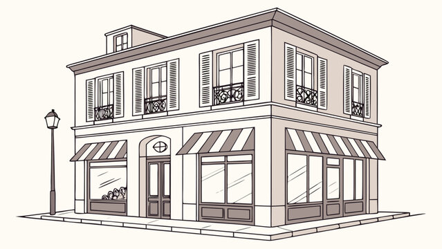 Vector illustration of a classic corner store building with striped awnings building architecture business