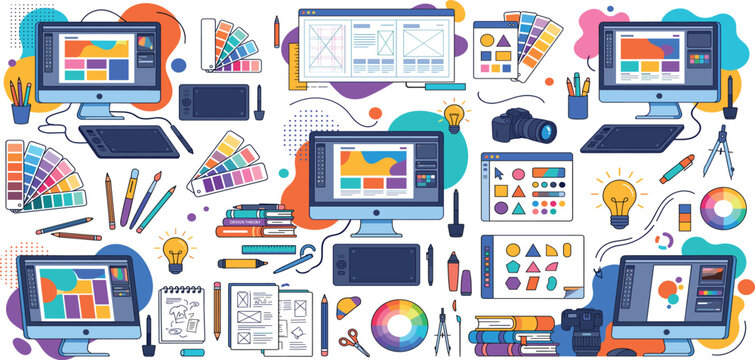 Creative graphic design workplace elements vector illustration set for web UI UX developers