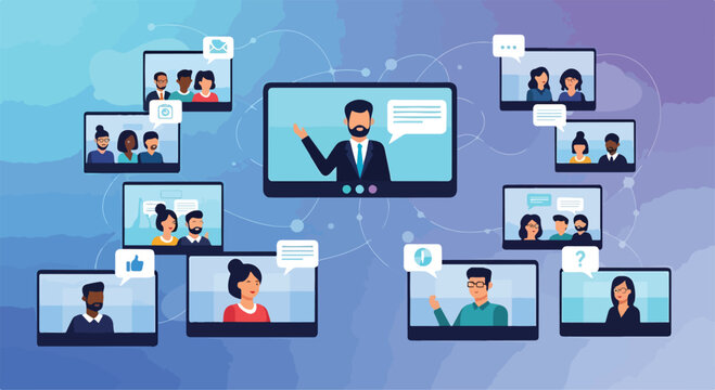 A man leads a virtual meeting with multiple participants on screens