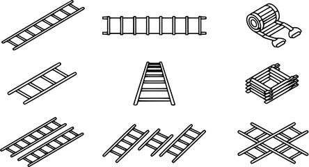 Black and White Line Art of Various Ladders and Climbing Equipment for Construction and Safety © vectorcorp