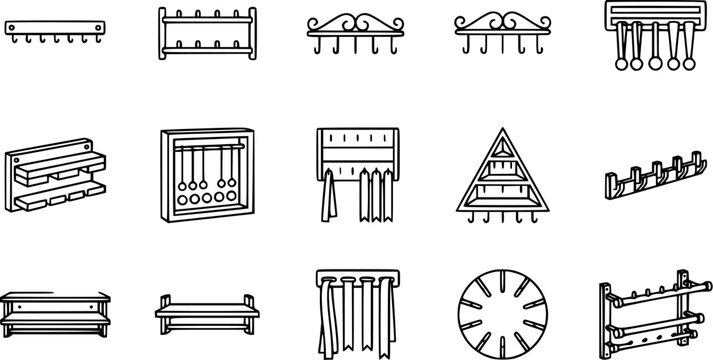 Black and White Line Art Icons of Various Hooks and Racks for Hanging and Storage