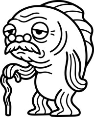 Fototapeta premium Elderly Fish Character with Cane and Glasses, Cartoon Style