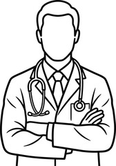 Fototapeta premium Black and white line art illustration of a doctor with stethoscope.