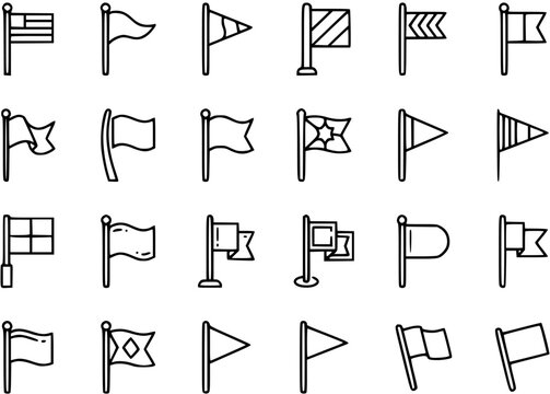 Black and White Line Art Icons of Various Flags, Including National and Pennant Styles