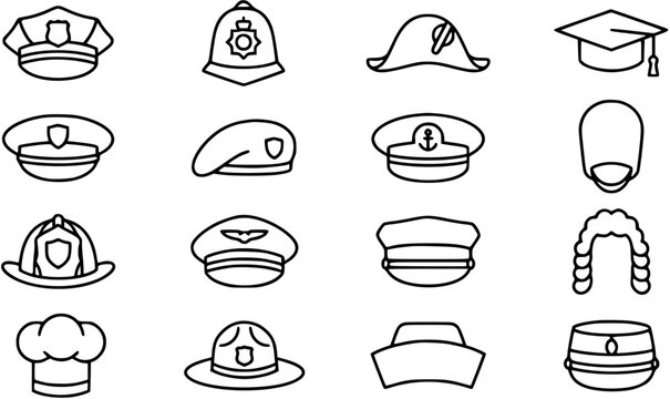 Black and White Line Art Icons of Various Professional Uniform Hats, Caps, and Wigs