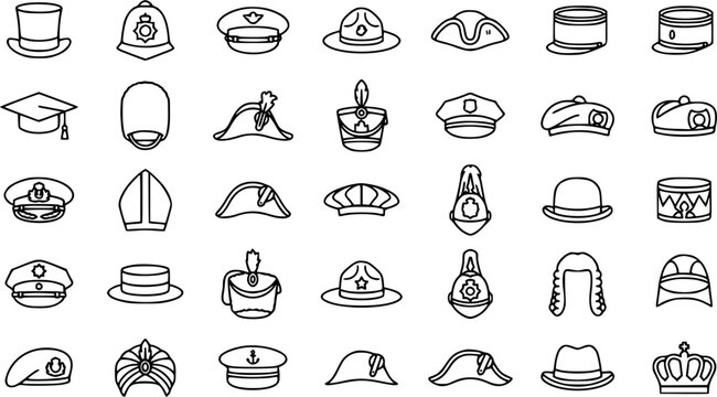 Black and White Line Art Icons of Various Historical Hats and Headwear