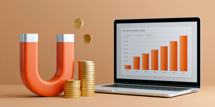 Digital marketing strategy concept with magnet attracting coins next to laptop showing growth