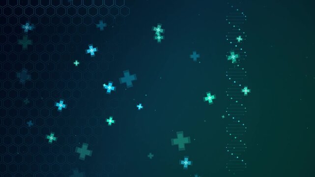 Futuristic medical background animation featuring floating cyan health crosses, a rotating DNA strand, and a subtle hexagon grid on a dark green backdrop