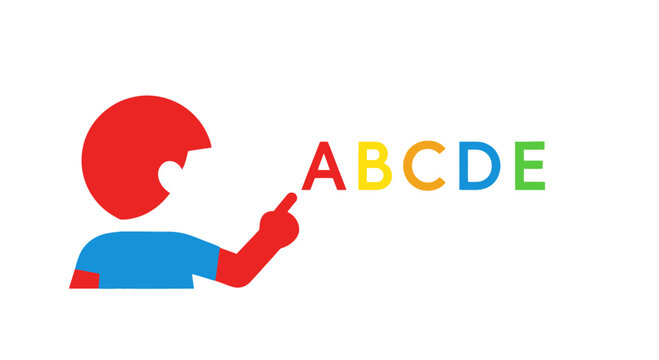 Child learning alphabet, pointing at letters ABCDE, education concept
