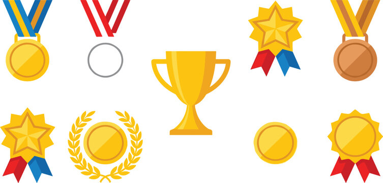 Golden trophy cup medals and award badges flat vector illustration elements collection for success champion