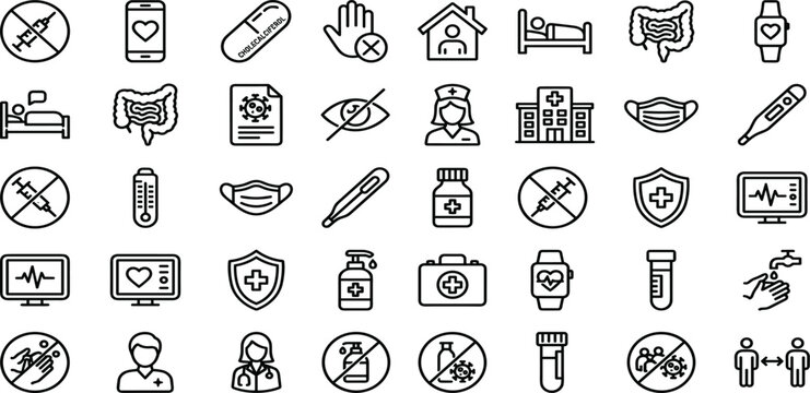 Healthcare clinic services and clinical health monitoring thin line icons collection for medical app vector