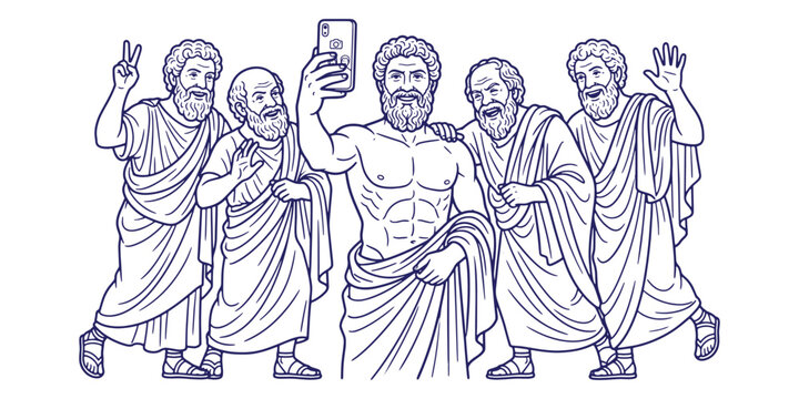 Group of five ancient Greek philosophers taking selfie with smartphone, historical figures making memories.
