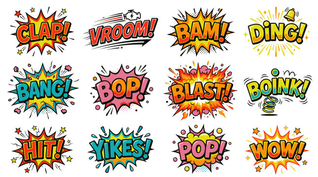Colorful comic action word stickers for graphic design.
