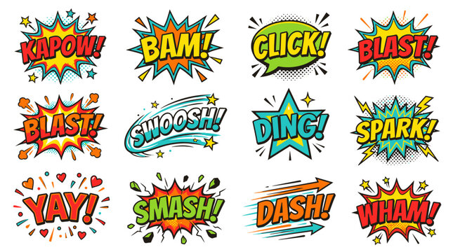 Colorful comic blast sound effects with kapow and bam.
