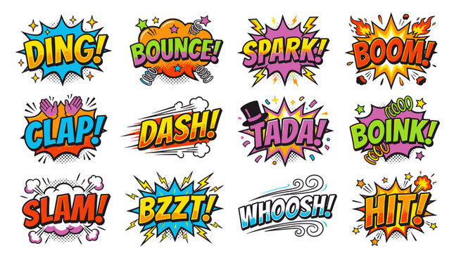 Colorful comic book action expressions and speech bubble icons.
