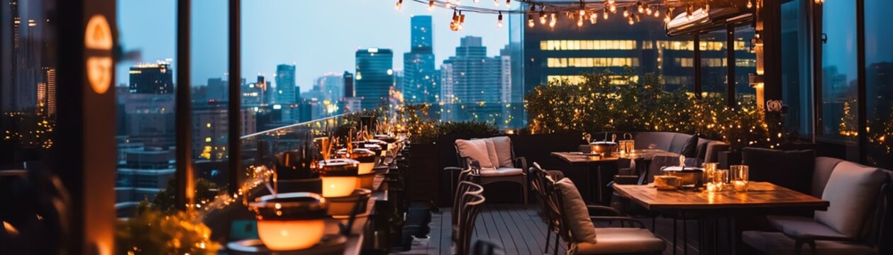 Authentic lifestyle concept Elegant rooftop dining with city skyline view. natural candid visual scene for modern advertising campaign diverse emotional atmosphere professional stock content commerc