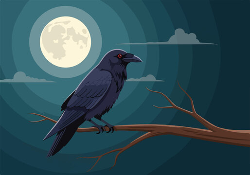 A crow perches on a branch under a moonlit sky