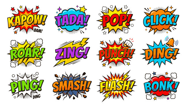 Collection of vibrant pop art comic sound effects.