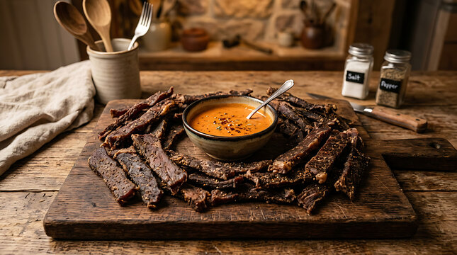 Savory Beef Jerky Strips Arranged Around a Bowl of Dipping Sauce on a Rustic Wooden Board