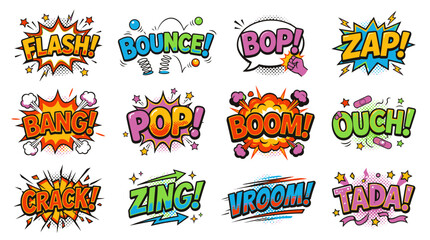 Fototapeta premium Colorful action word bubbles with flash bounce and zap words.