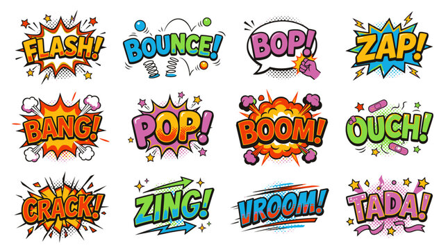 Colorful action word bubbles with flash bounce and zap words.