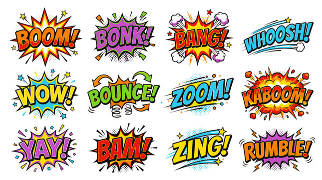Colorful boom and bang comic book sound effect collection.
