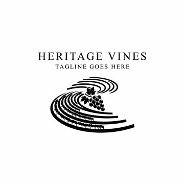 Abstract line art logo depicting rolling vineyard landscapes and fresh grapes, ideal for artisanal wineries and organic wine brands.