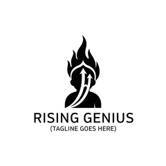 Fototapeta premium Conceptual logo depicting a profile silhouette with growing arrows and fire, representing intelligence, potential, and rapid personal or professional growth.