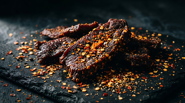 Spicy Habanero Beef Jerky with Red Pepper Flakes, A Savory and Fiery Meat Snack.