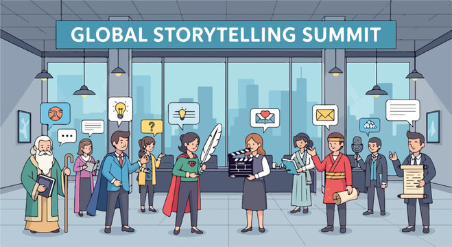 Cartoon people at a storytelling event
