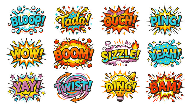 Colorful comic book sound effect bubbles collection.