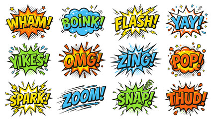 Obraz premium Colorful comic book sound effect bubbles set on white.